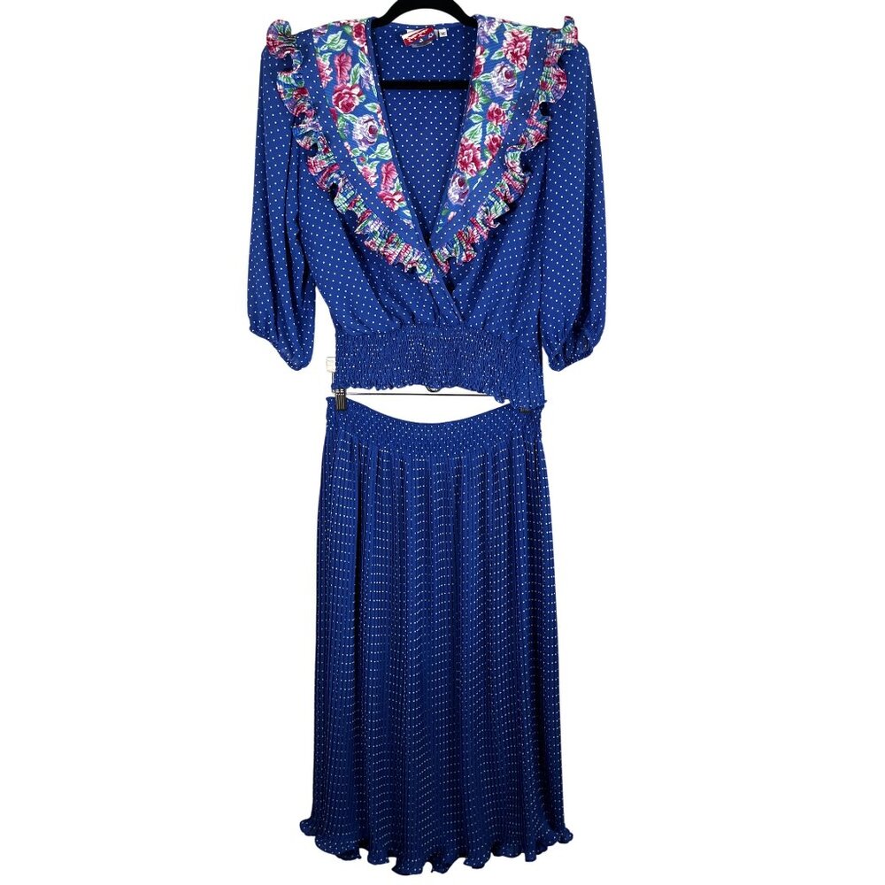 Vintage Pleated Polka Dot Skirt Set Blue M Floral Ruffle Boho 80s Cottage Retro
